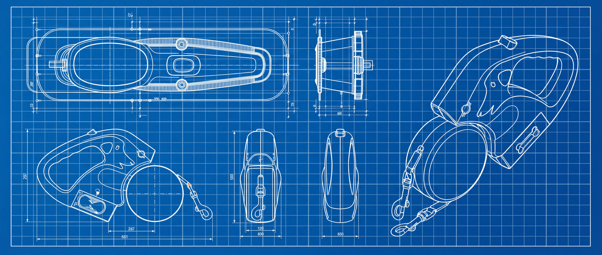 Blueprint Tandem · vistas técnicas de la correa doble retráctil